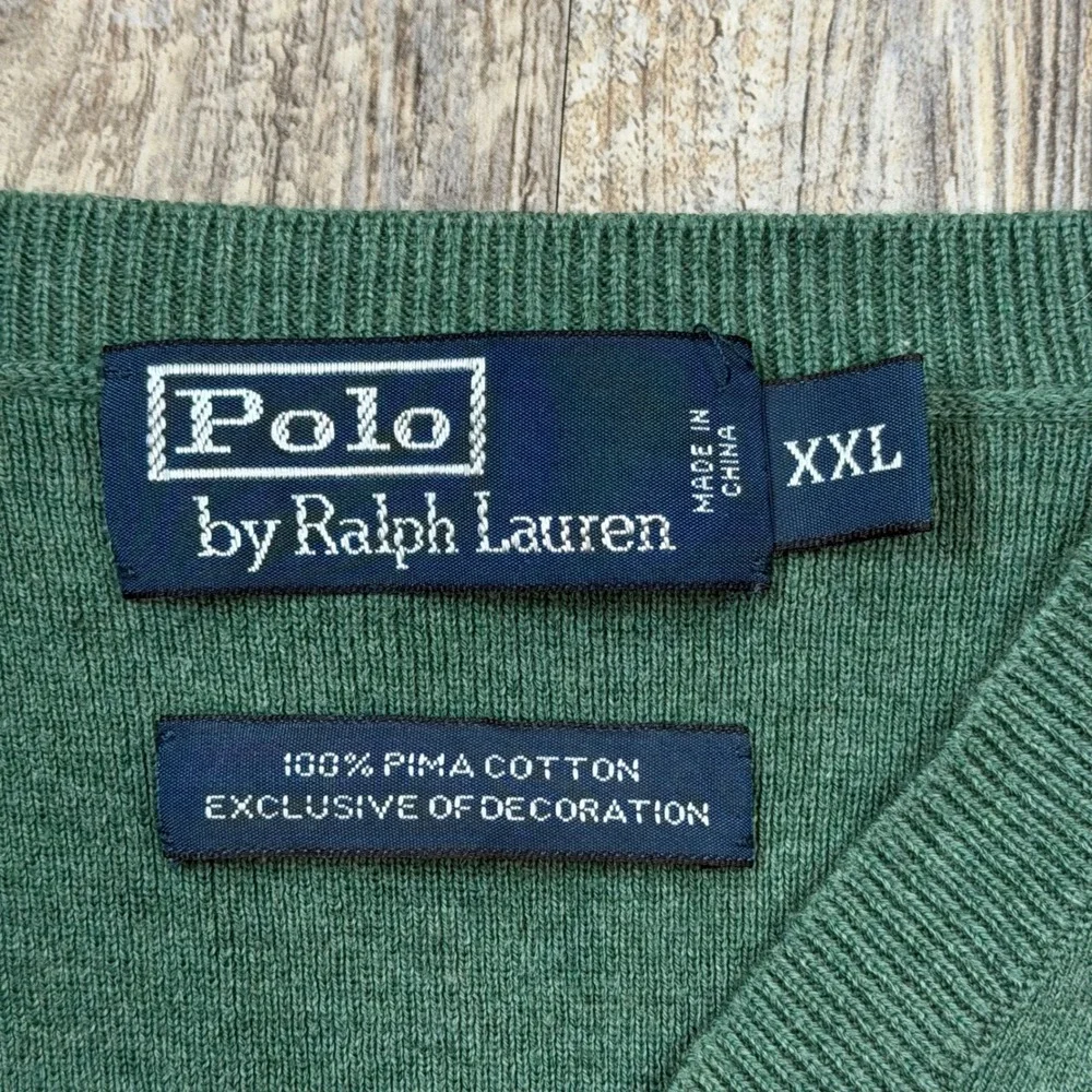 Polo Ralph Lauren Mens Green Pima Cotton V-Neck Sweater XXL Fits XL Pony Logo